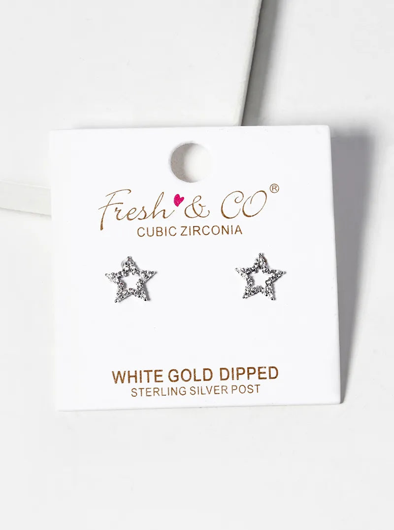 White Gold Dipped CZ Pave Star Post Stud Earrings