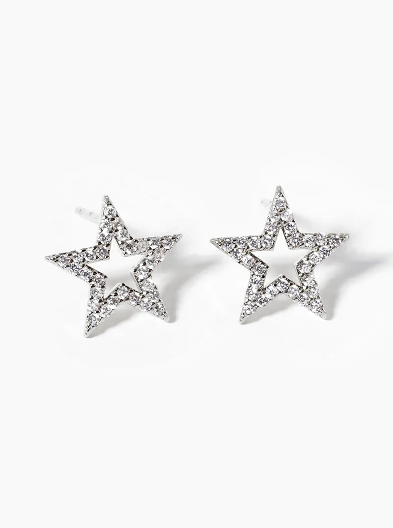 White Gold Dipped CZ Pave Star Post Stud Earrings