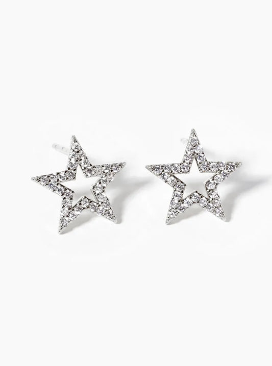 White Gold Dipped CZ Pave Star Post Stud Earrings