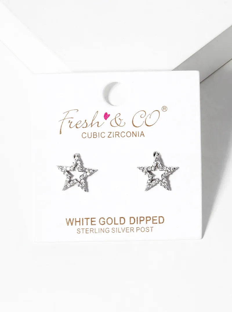 White Gold Dipped CZ Pave Star Post Stud Earrings