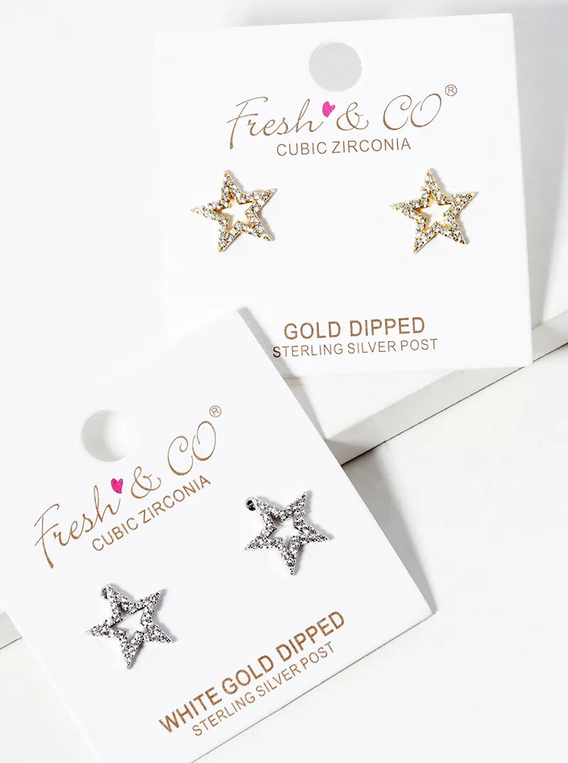 White Gold Dipped CZ Pave Star Post Stud Earrings