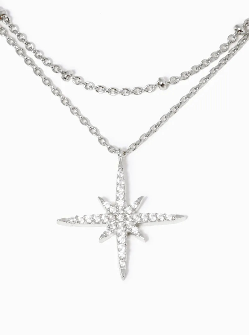 White Gold Dipped CZ Pave Starburst Pendant Double Layered Necklace