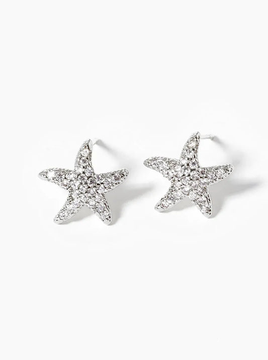 White Gold Dipped CZ Pave Starfish Post Stud Earrings