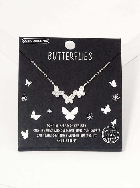 White Gold Dipped CZ Pave Three Butterflies Pendant Necklace