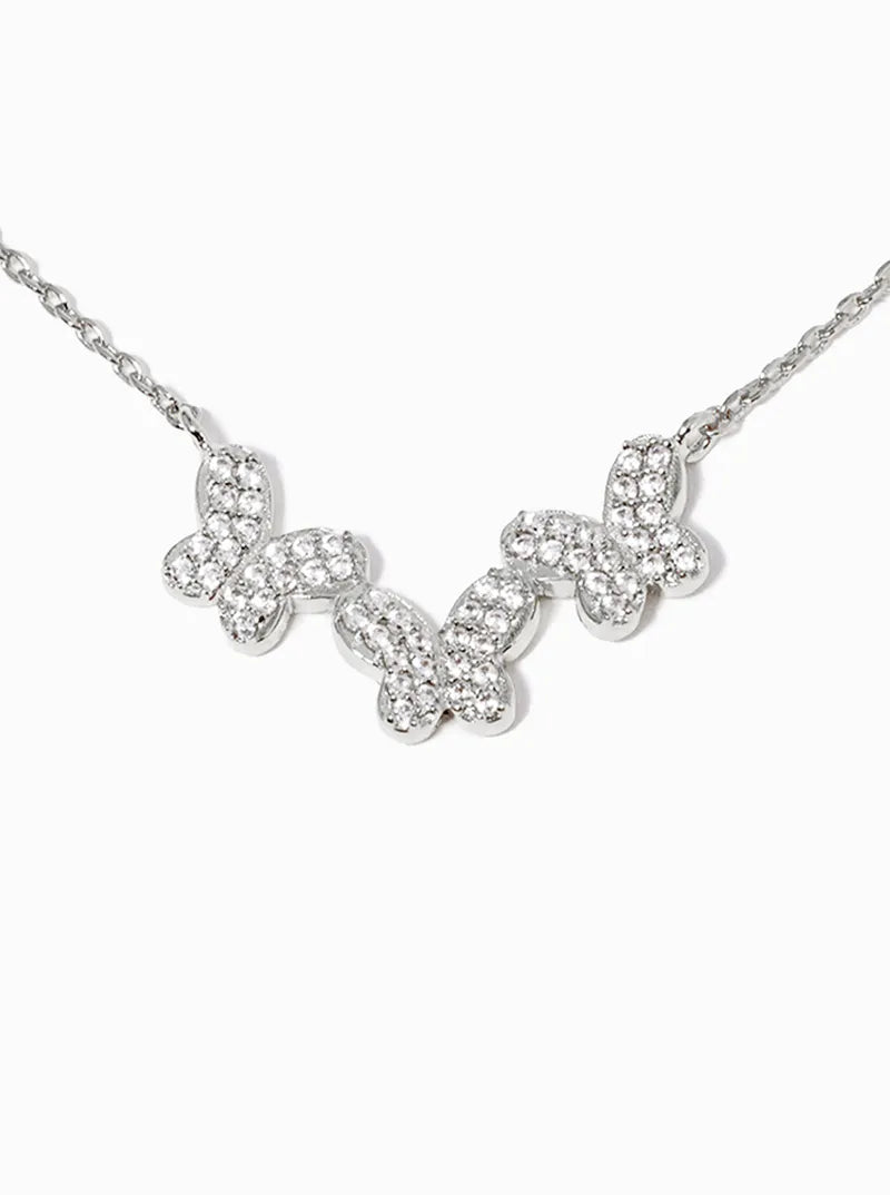 White Gold Dipped CZ Pave Three Butterflies Pendant Necklace