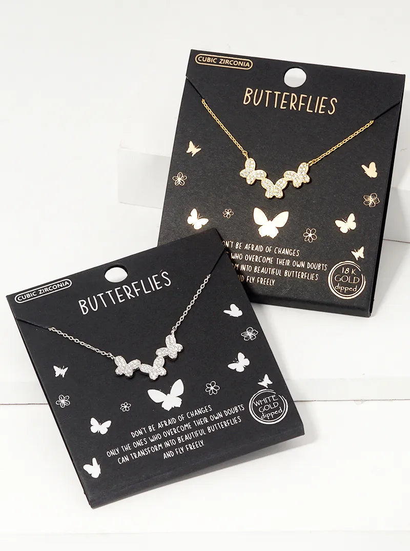 White Gold Dipped CZ Pave Three Butterflies Pendant Necklace