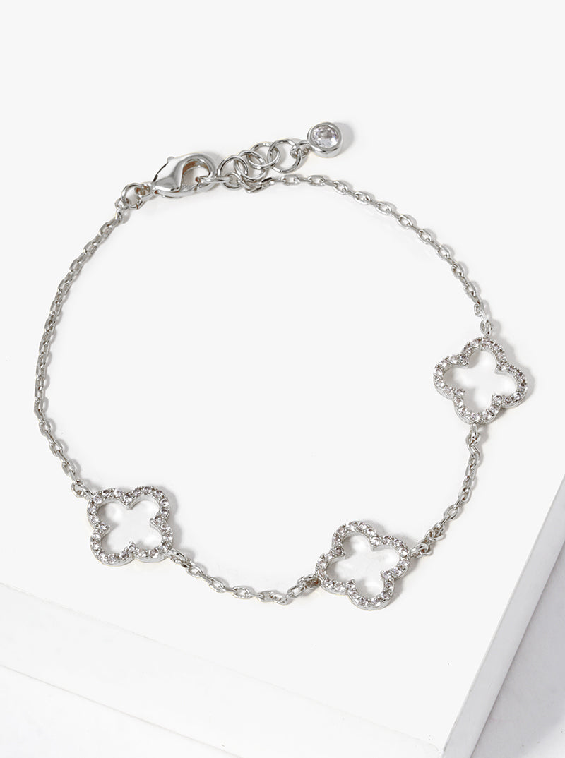 White Gold Dipped CZ Pave Three Quatrefoil Bracelet