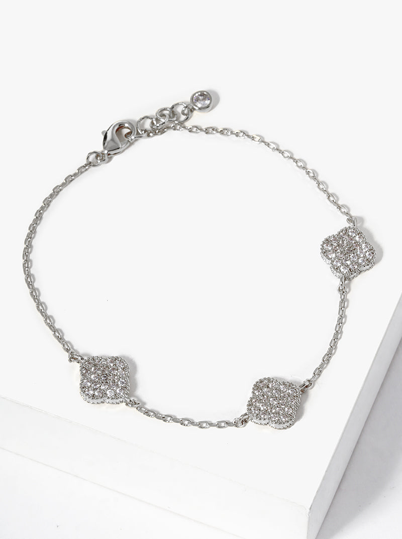 White Gold Dipped CZ Pave Three Quatrefoil Bracelet