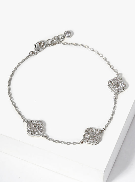 White Gold Dipped CZ Pave Three Quatrefoil Bracelet