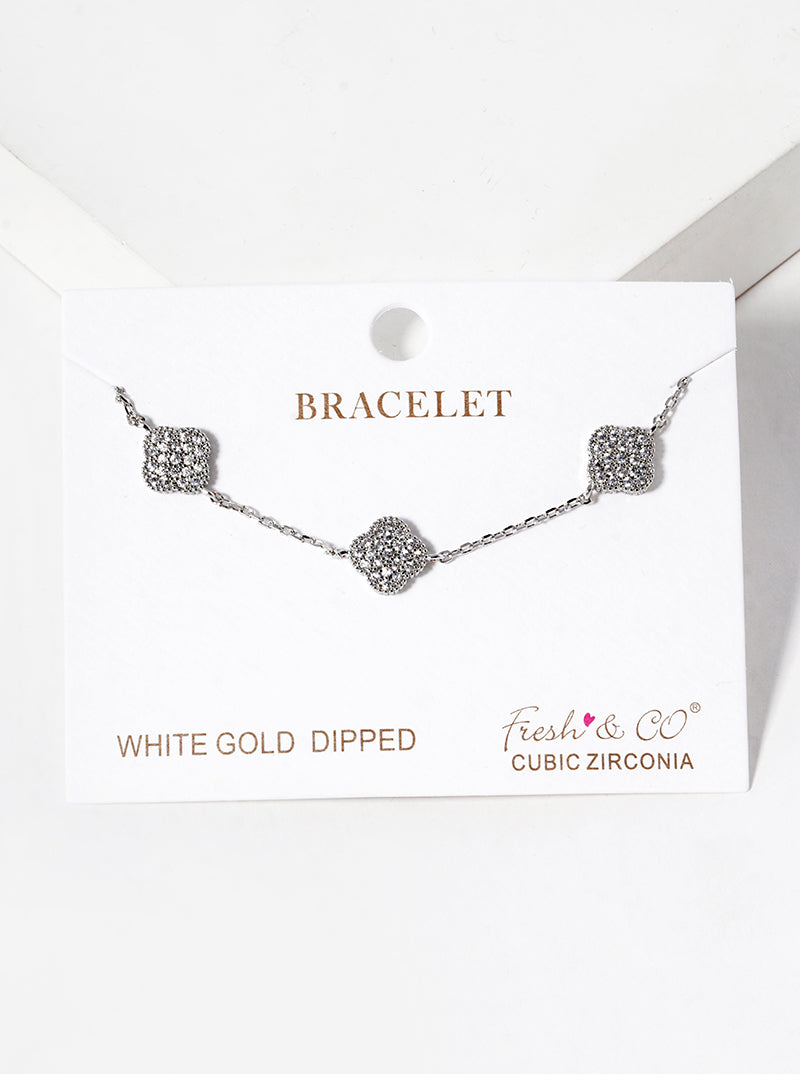 White Gold Dipped CZ Pave Three Quatrefoil Bracelet