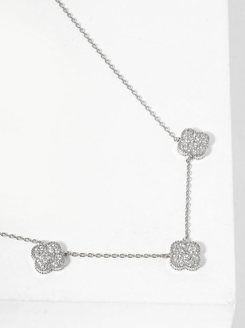 White Gold Dipped CZ Pave Three Quatrefoil Pendant Necklace