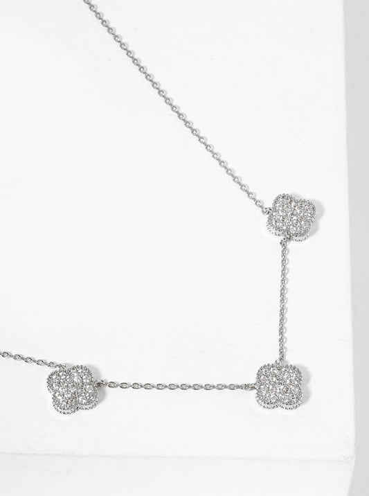 White Gold Dipped CZ Pave Three Quatrefoil Pendant Necklace