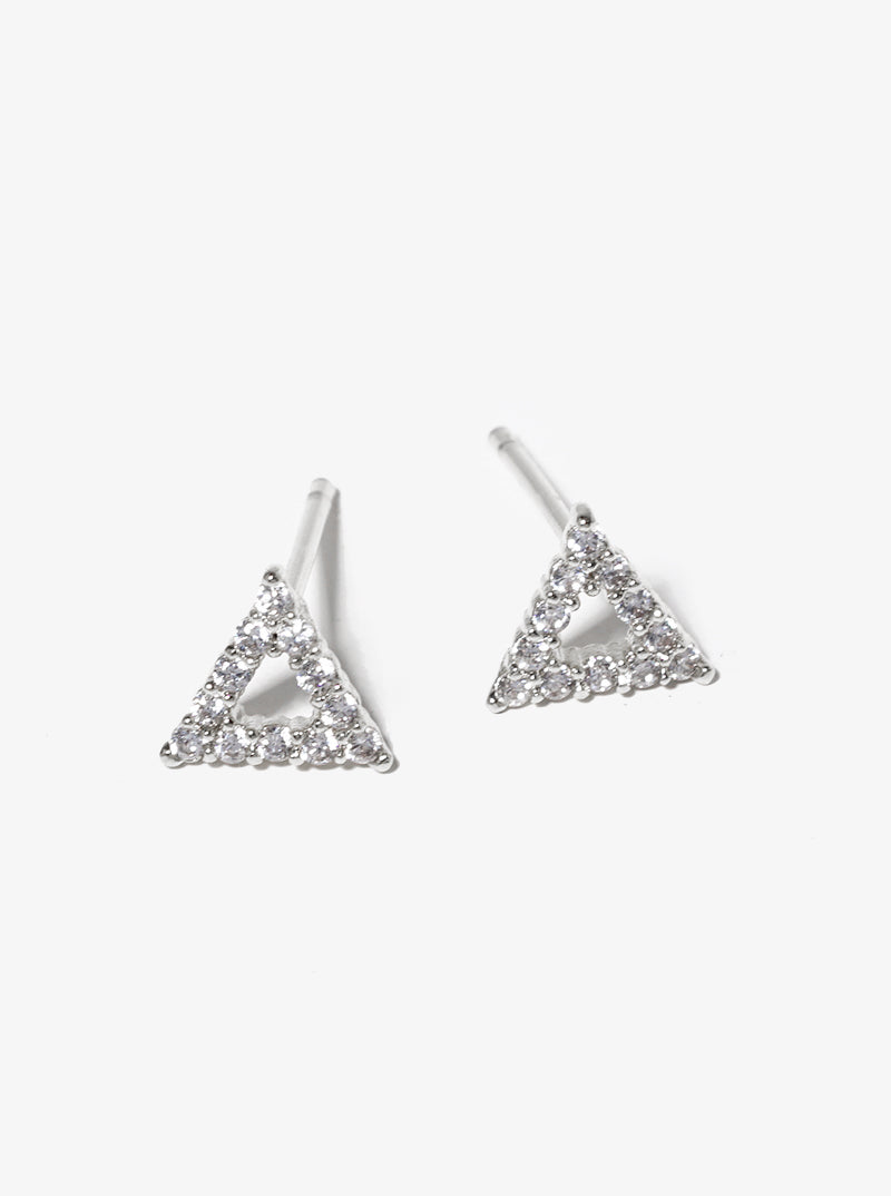 White Gold Dipped CZ Pave Triangle Post Stud Earrings