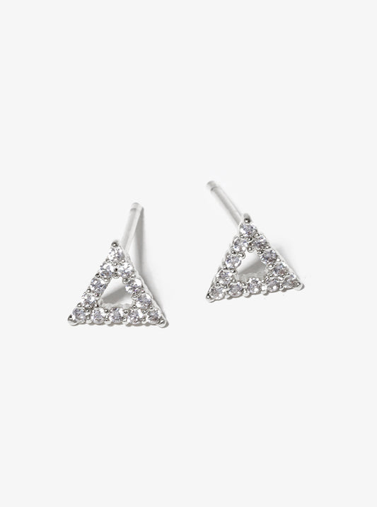 White Gold Dipped CZ Pave Triangle Post Stud Earrings