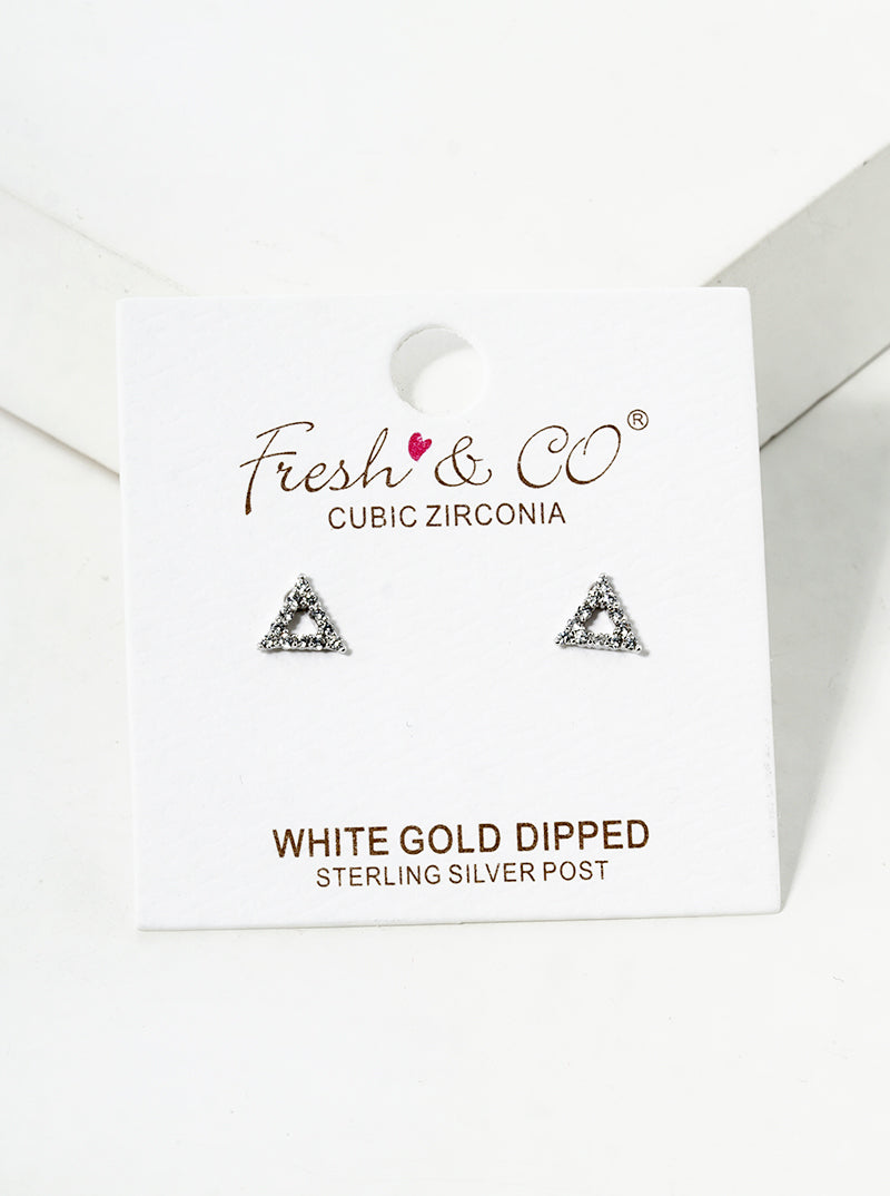 White Gold Dipped CZ Pave Triangle Post Stud Earrings
