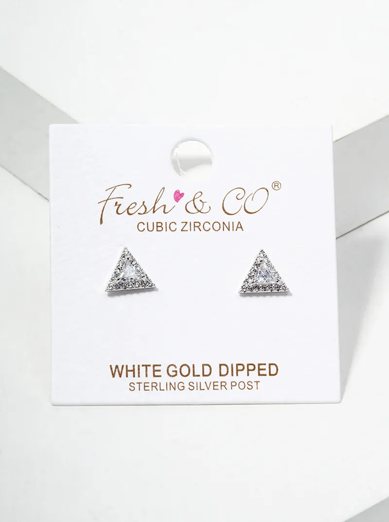 White Gold Dipped CZ Pave Triangle Post Stud Earrings