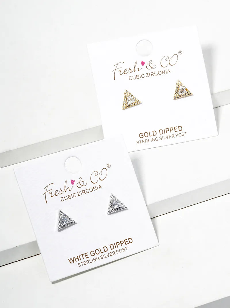 White Gold Dipped CZ Pave Triangle Post Stud Earrings
