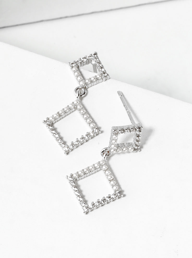White Gold Dipped CZ Pearl Bead Pave Double Rhombus Dangle Post Earrings