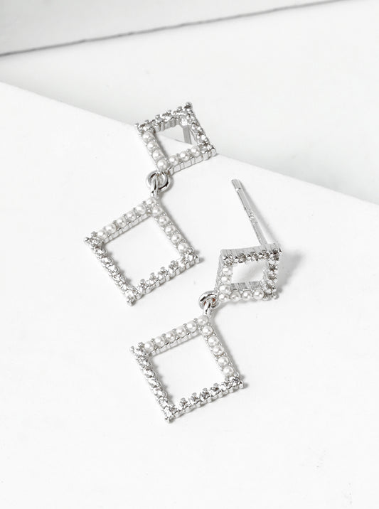 White Gold Dipped CZ Pearl Bead Pave Double Rhombus Dangle Post Earrings