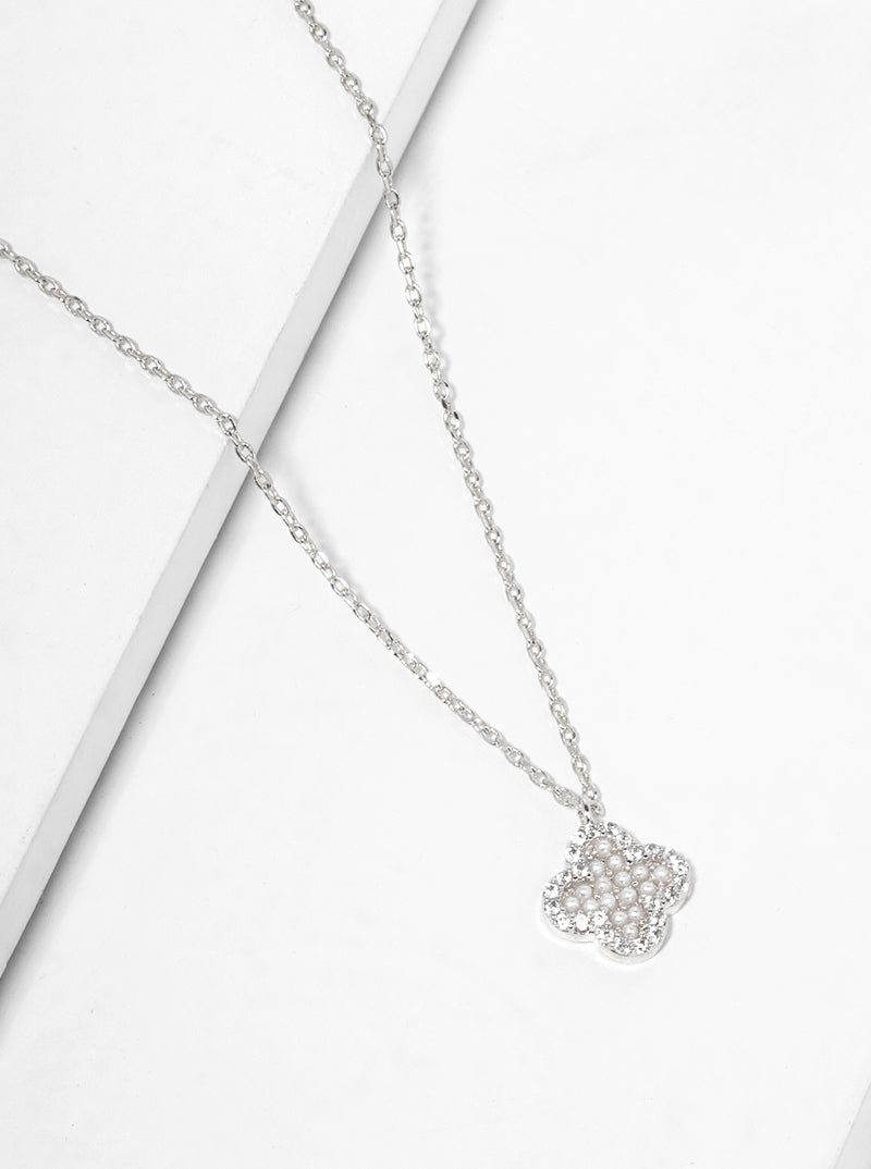 White Gold Dipped CZ Pearl Beaded Quatrefoil Pendant Necklace