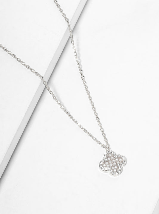 White Gold Dipped CZ Pearl Beaded Quatrefoil Pendant Necklace