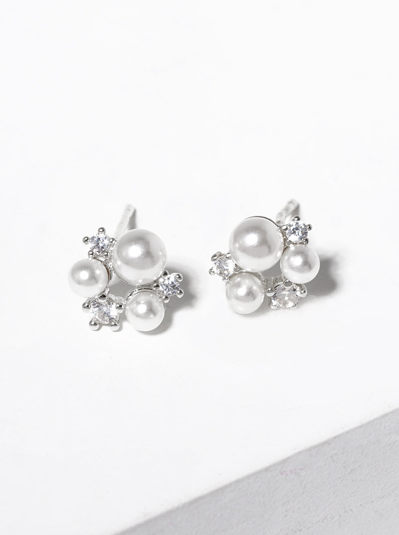 White Gold Dipped CZ Pearl Cluster Post Stud Earrings