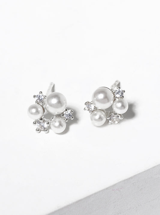 White Gold Dipped CZ Pearl Cluster Post Stud Earrings