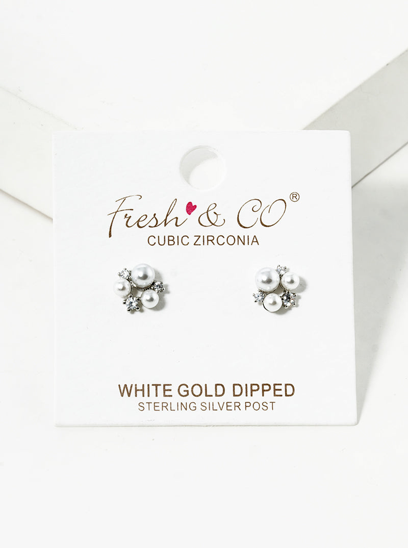 White Gold Dipped CZ Pearl Cluster Post Stud Earrings