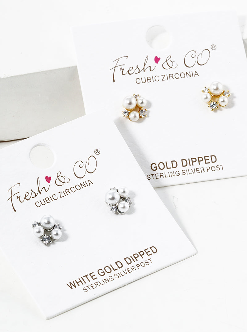 White Gold Dipped CZ Pearl Cluster Post Stud Earrings
