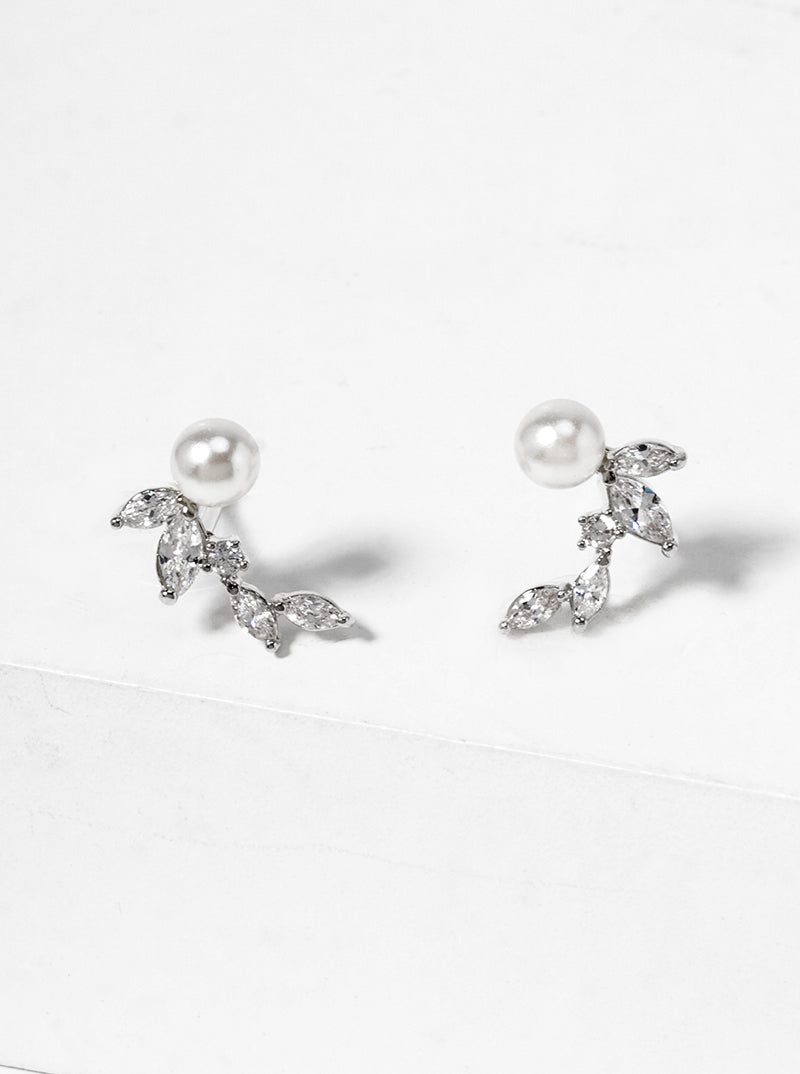 18k Gold Dipped CZ Pearl Curved Leaf Dainty Post Stud Earrings
