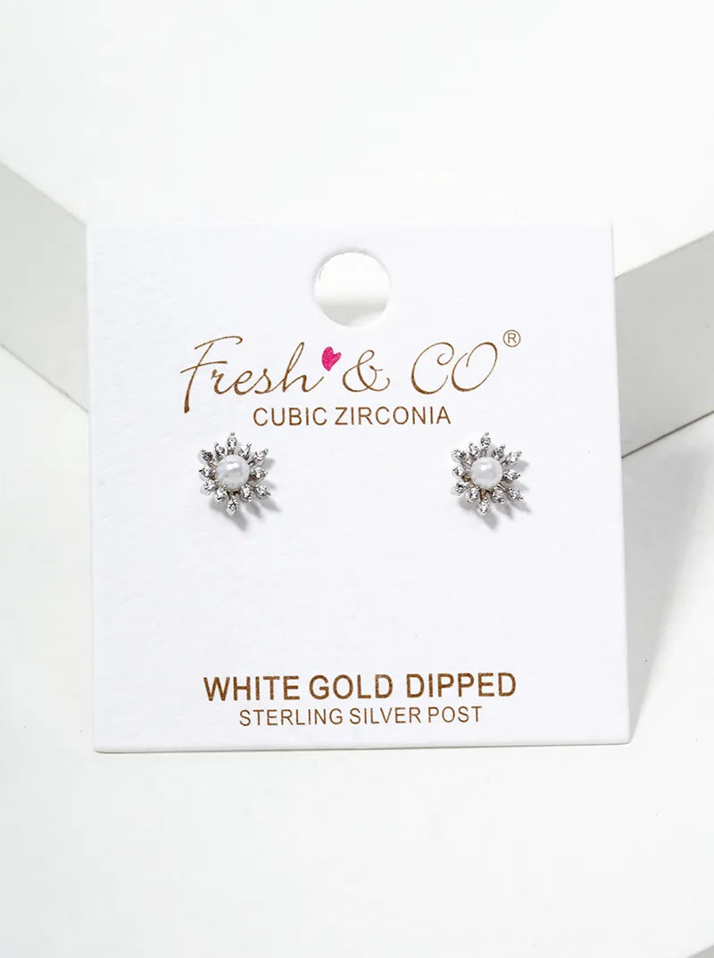 White Gold Dipped CZ Pearl Dainty Flower Post Stud Earrings