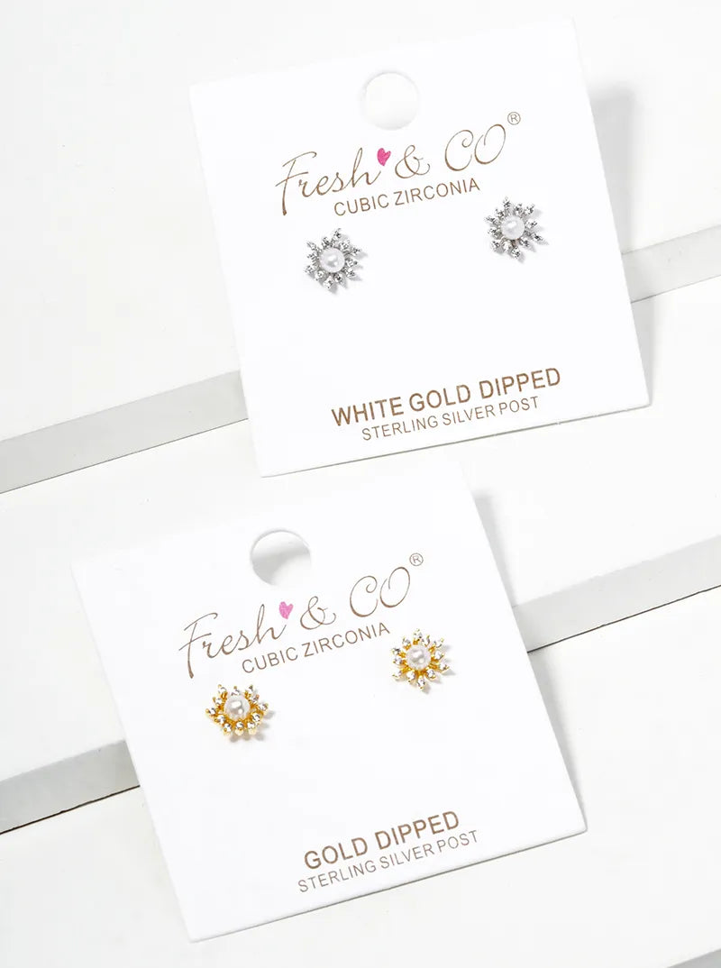 White Gold Dipped CZ Pearl Dainty Flower Post Stud Earrings