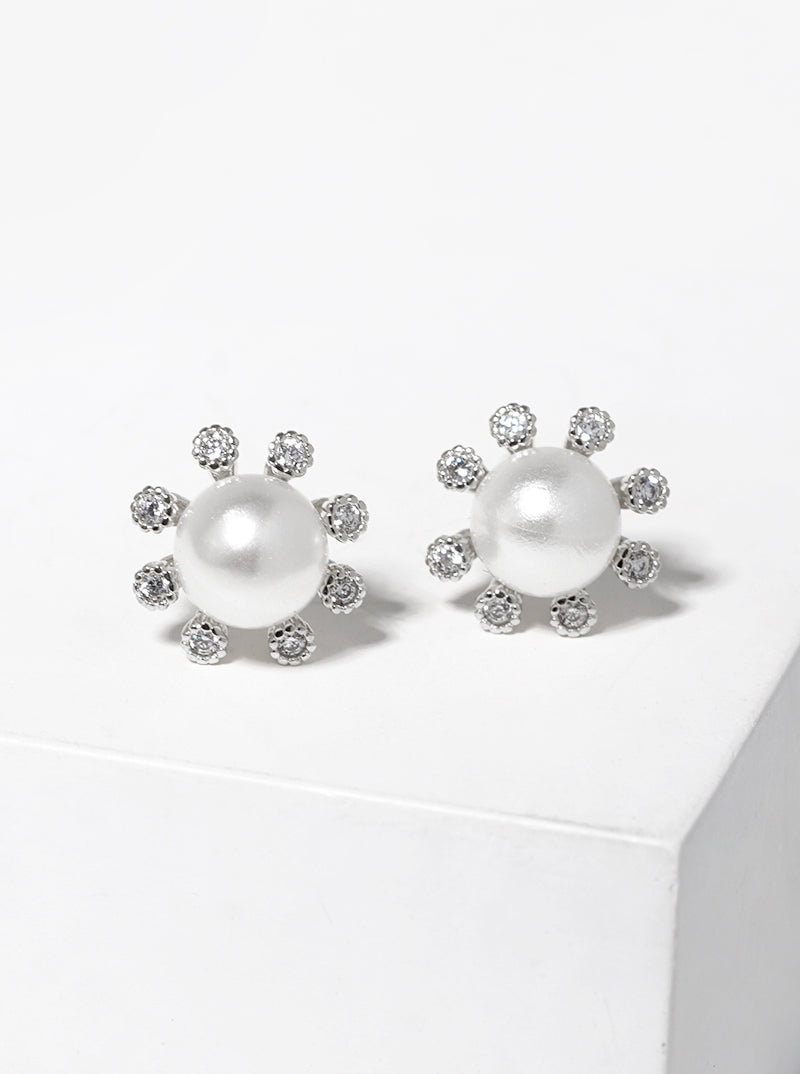 White Gold Dipped CZ Pearl Flower Post Stud Earrings