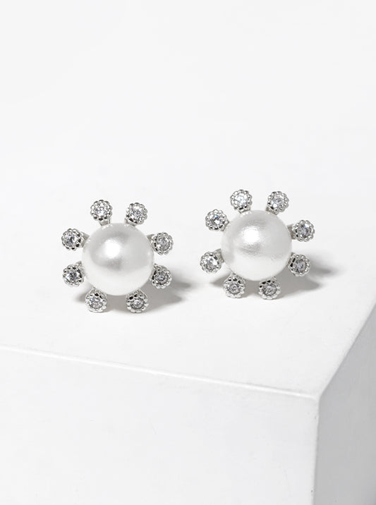 White Gold Dipped CZ Pearl Flower Post Stud Earrings