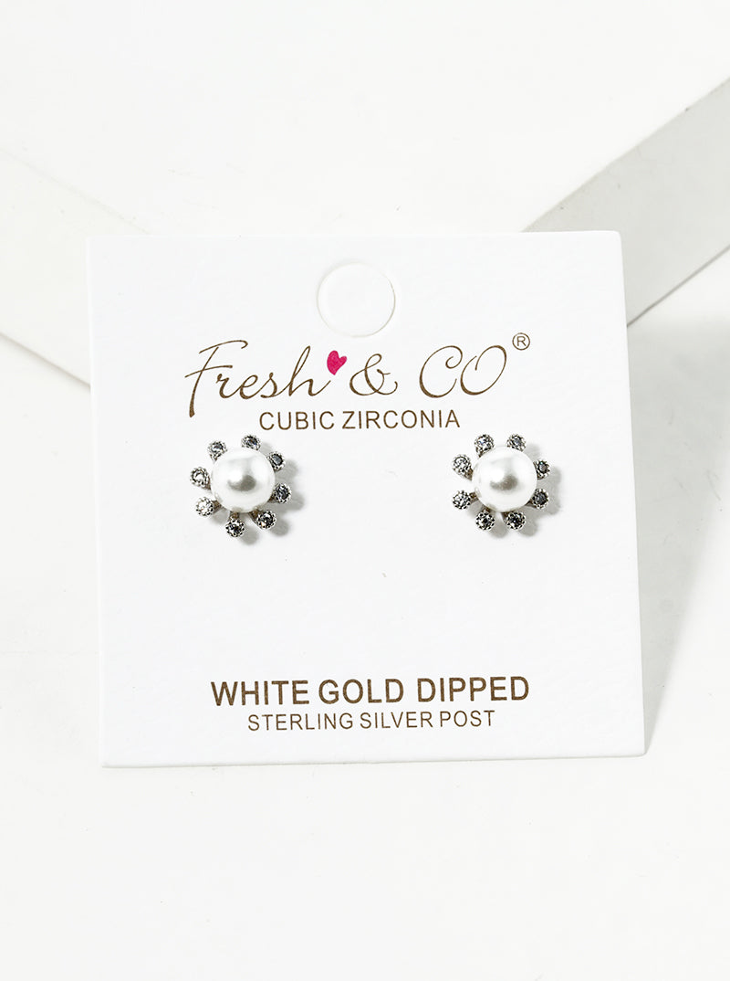 White Gold Dipped CZ Pearl Flower Post Stud Earrings