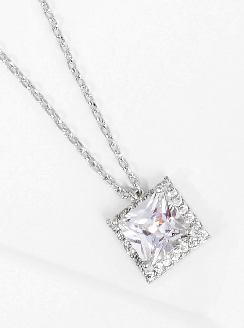 White Gold Dipped CZ Square Pendant Delicate Necklace