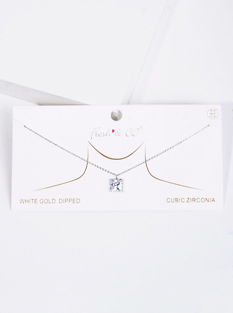 White Gold Dipped CZ Square Pendant Delicate Necklace
