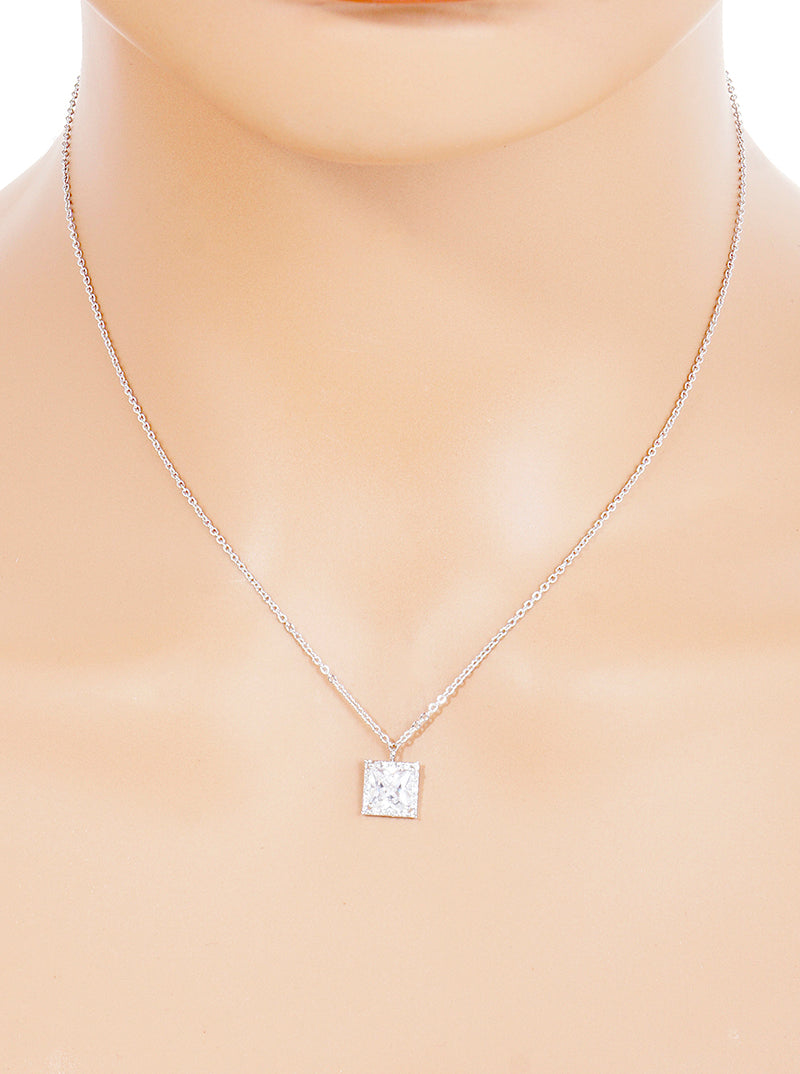 White Gold Dipped CZ Square Pendant Delicate Necklace
