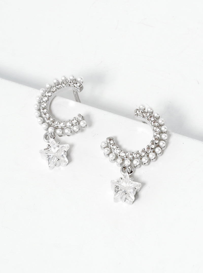 White Gold Dipped CZ Star Drop Pearl Beaded Dangle Post Earrings