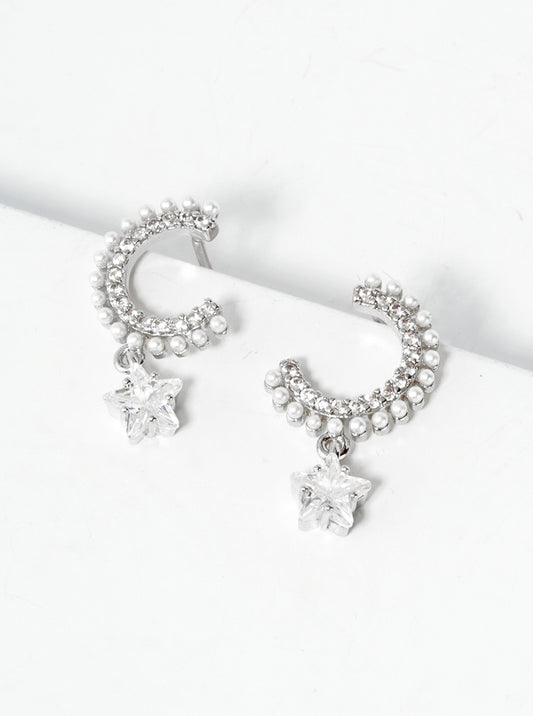 White Gold Dipped CZ Pearl Bead Pave Double Rhombus Dangle Post Earrings