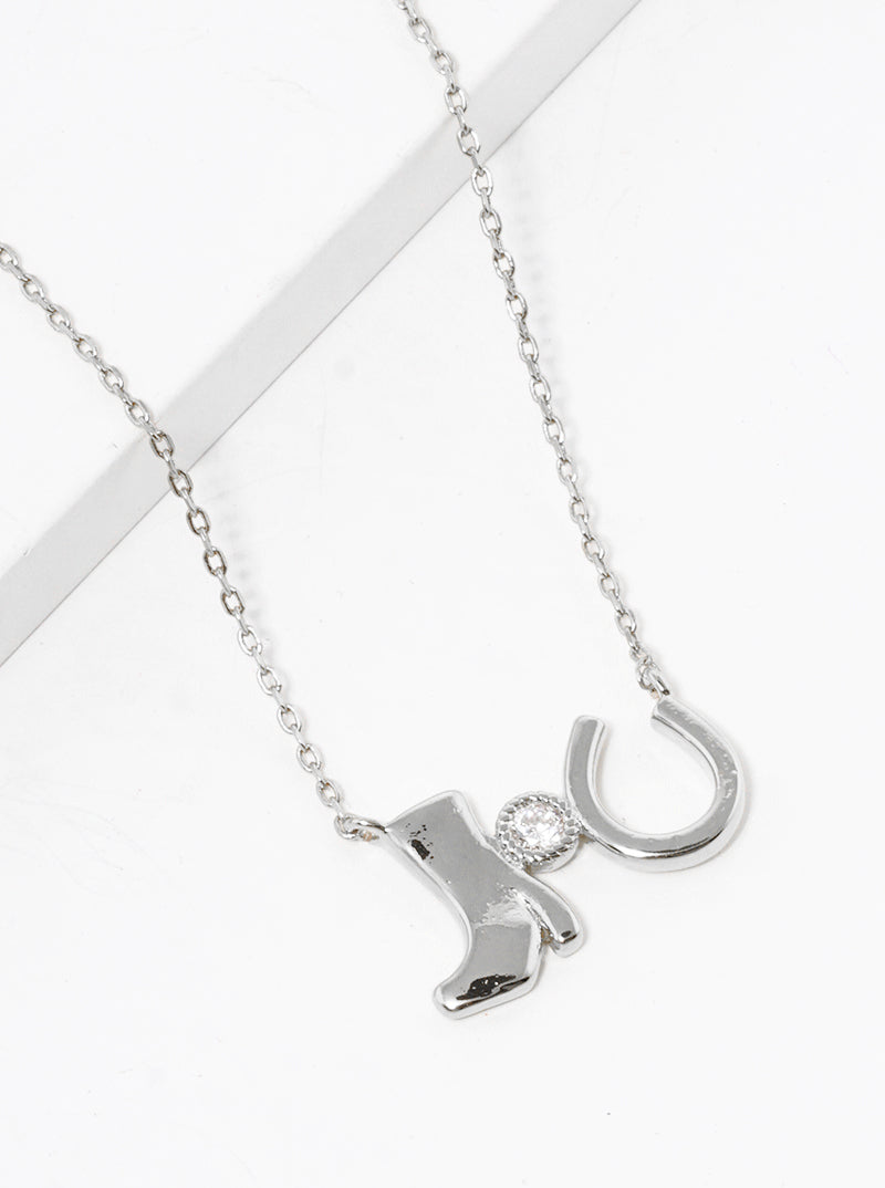 White Gold Dipped CZ Stone Boot And Horseshoe Pendant Necklace