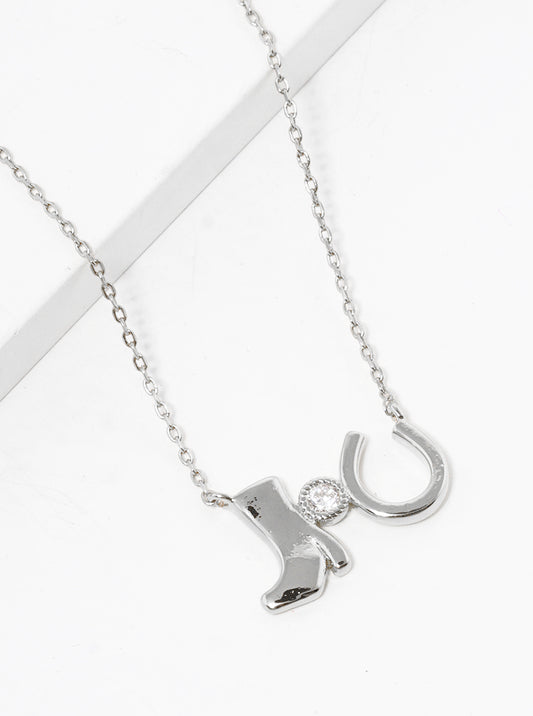 White Gold Dipped CZ Stone Boot And Horseshoe Pendant Necklace