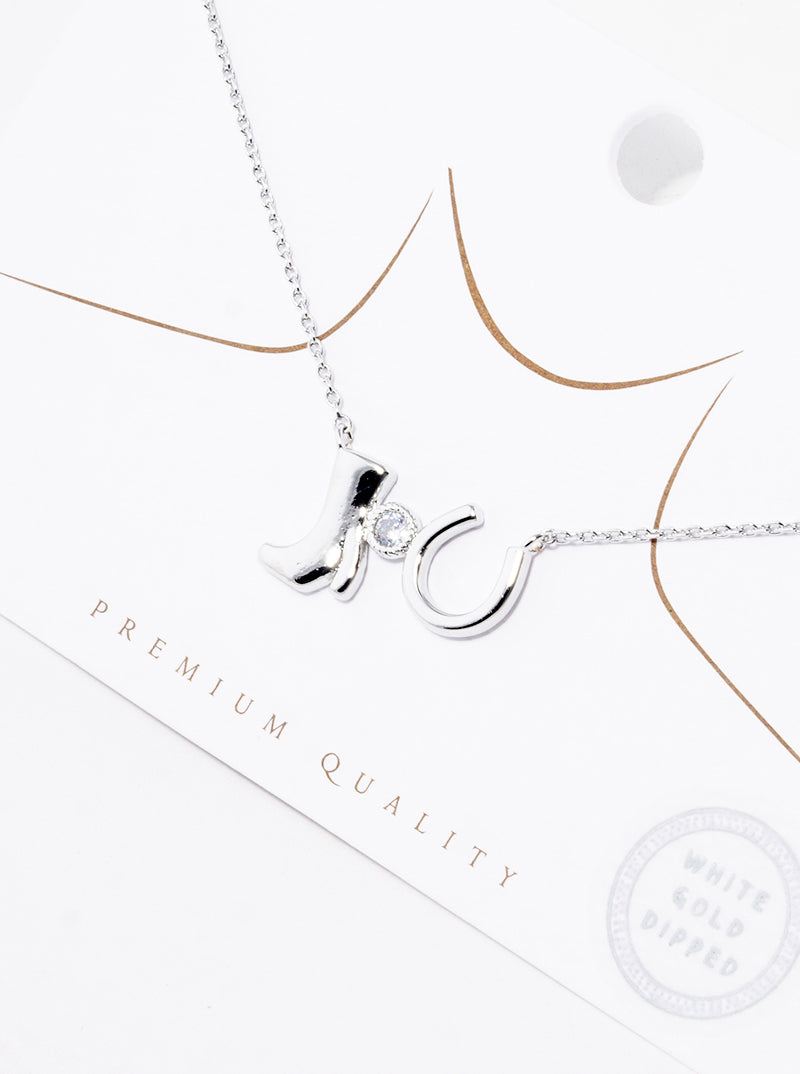 White Gold Dipped CZ Stone Boot And Horseshoe Pendant Necklace