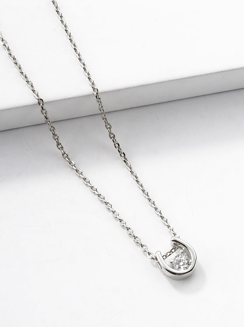White Gold Dipped CZ Stone Horseshoe Pendant Dainty Necklace