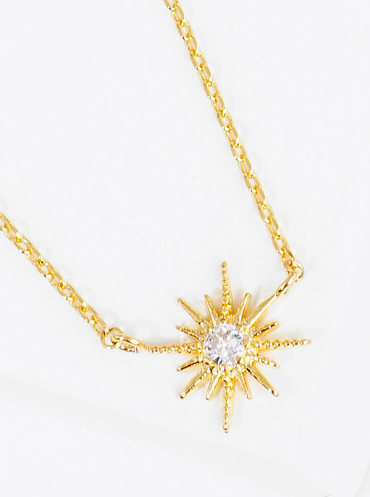 White Gold Dipped CZ Sunburst Pendant Delicate Necklace