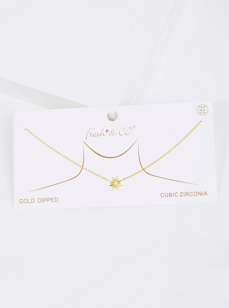 White Gold Dipped CZ Sunburst Pendant Delicate Necklace