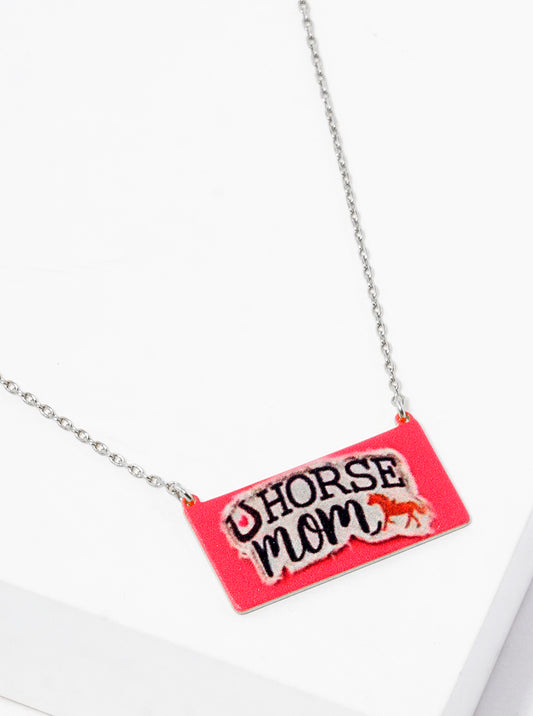 White Gold Dipped Horse Mom Printed Rectangle Pendant Necklace