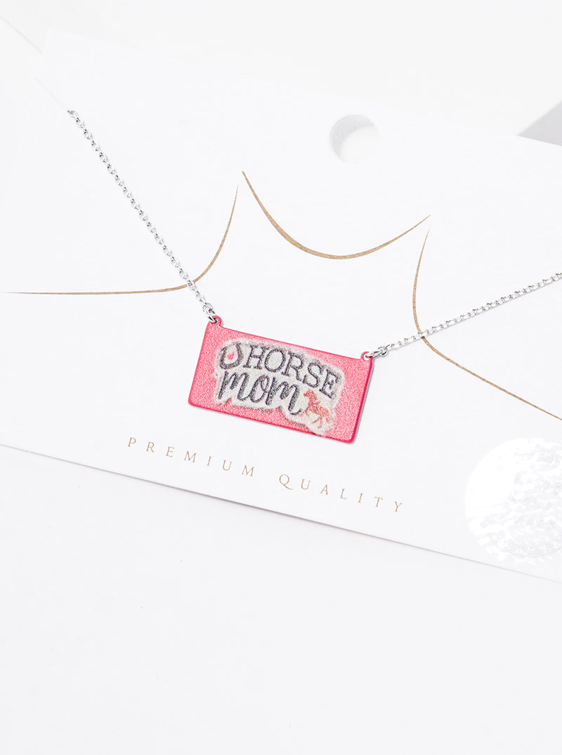 White Gold Dipped Horse Mom Printed Rectangle Pendant Necklace