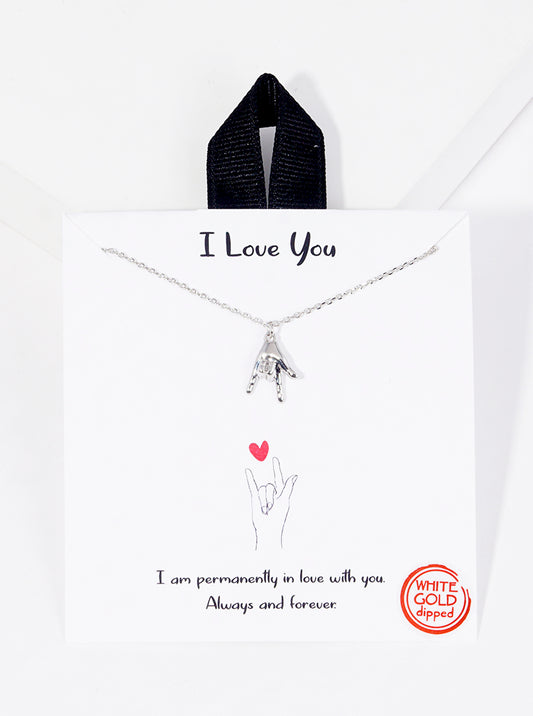 White Gold Dipped I Love You Hand Sign Pendant Necklace
