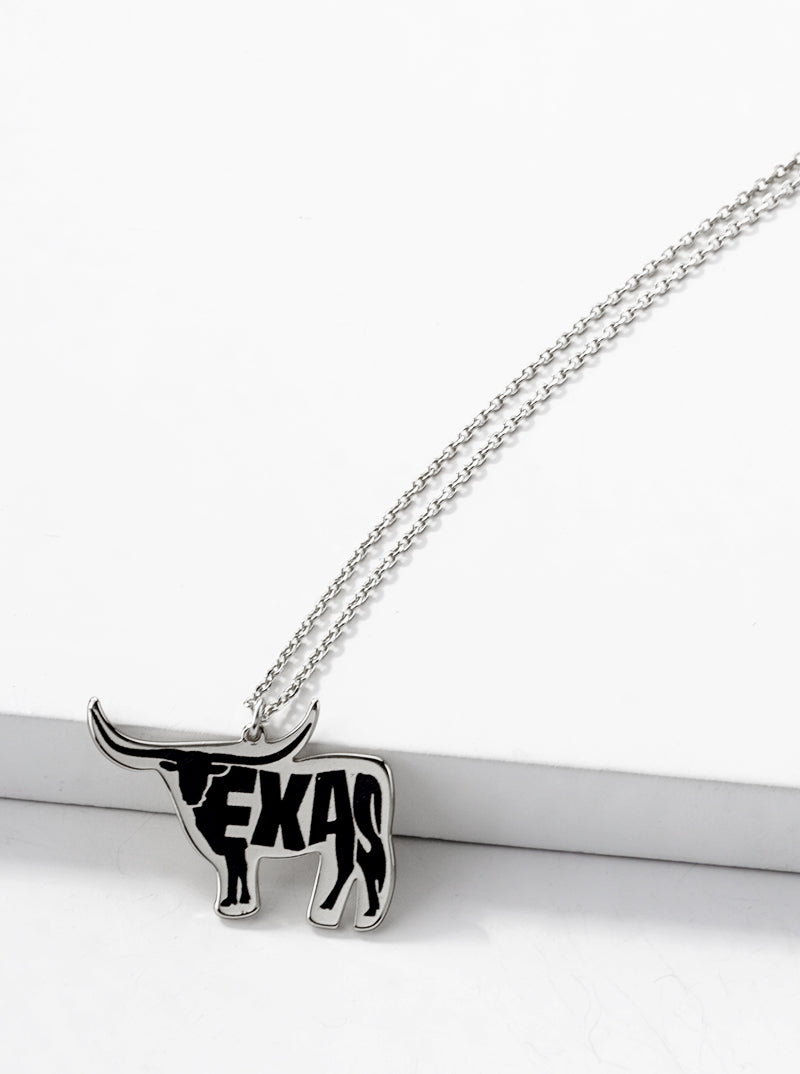 White Gold Dipped Texas Longhorn Pendant Necklace